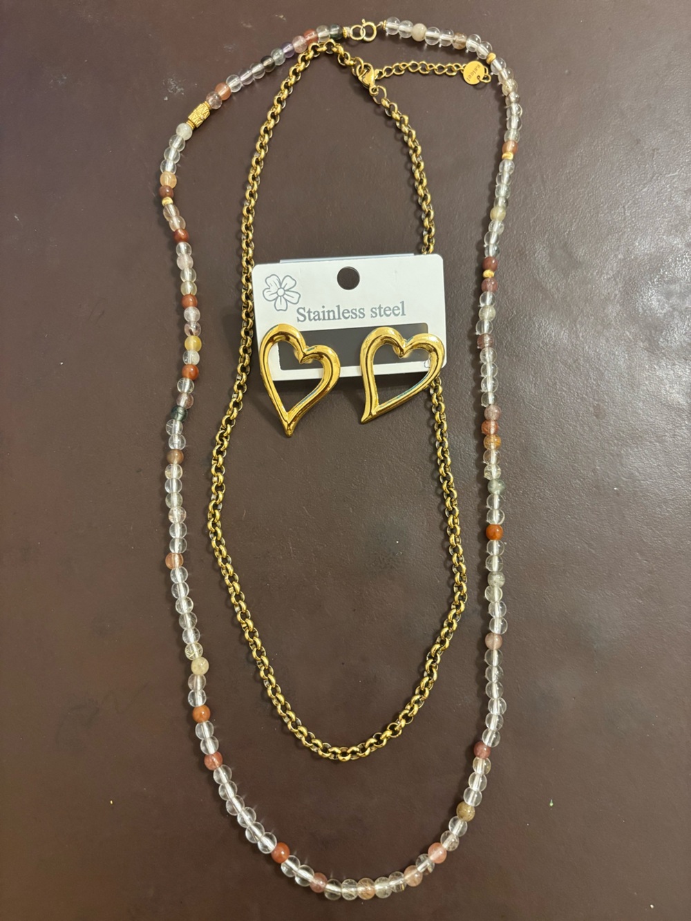 Gold Heart Stainless Steel Earrings with clear quartz Necklace Set